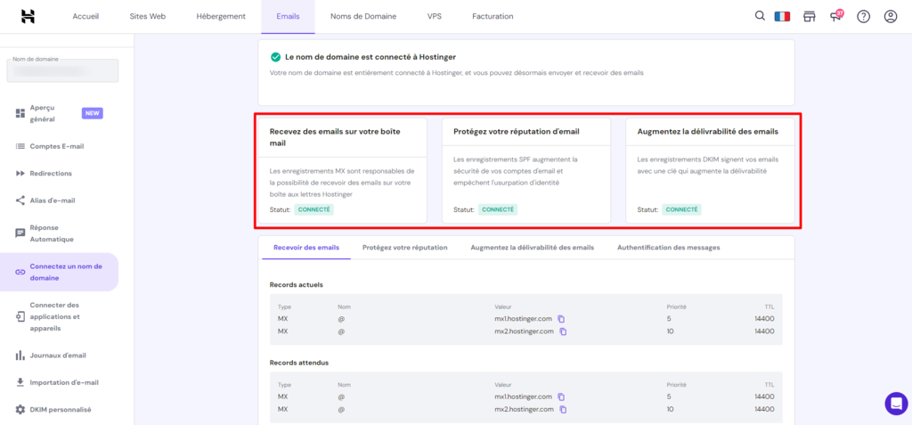 Section Connectez un nom de domaine dans hPanel