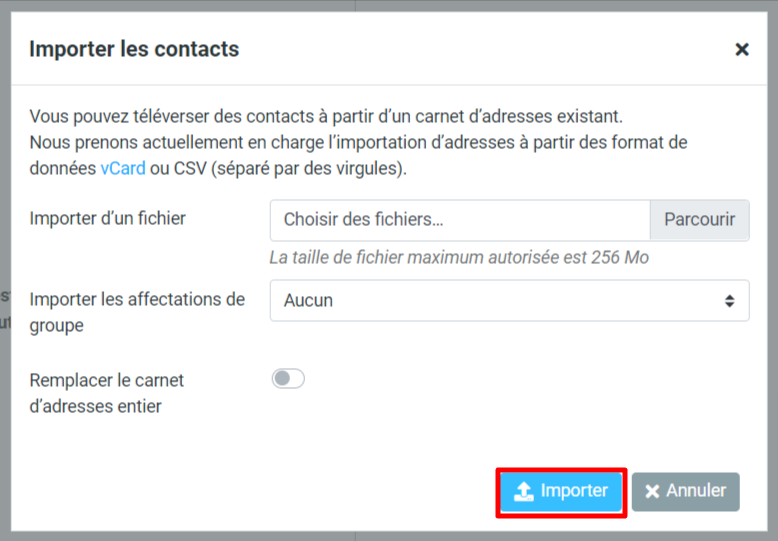 Outil d'importation de contacts dans Hostinger webmail