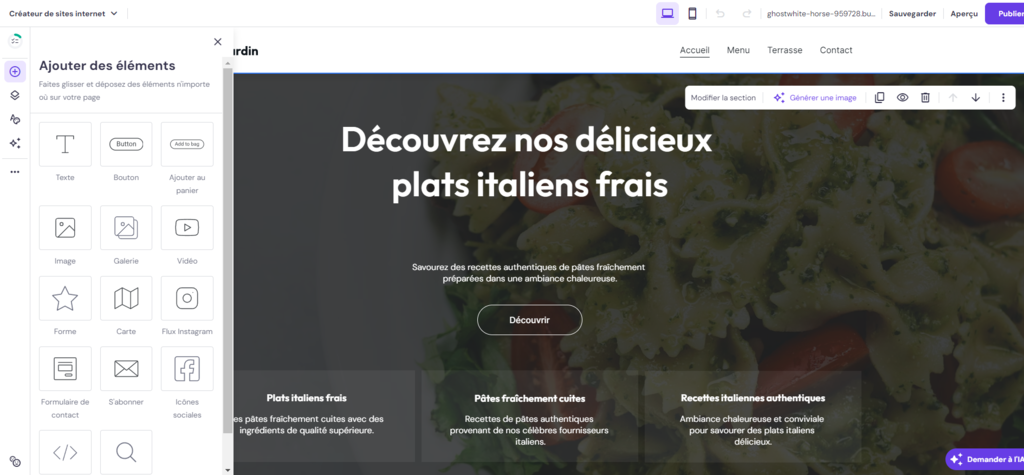 Interface de l'&eacute;diteur par glisser-d&eacute;poser du cr&eacute;ateur de site Web Hostinger, montrant o&ugrave; ajouter de nouveaux &eacute;l&eacute;ments