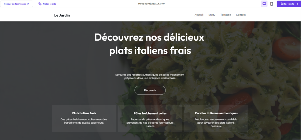 Exemple d'un template de pr&eacute;sentation d'un restaurant italien g&eacute;n&eacute;r&eacute; par le cr&eacute;ateur de site web Hostinger