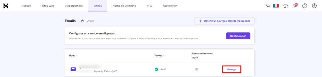 La section Emails dans le tableau de bord Hostinger