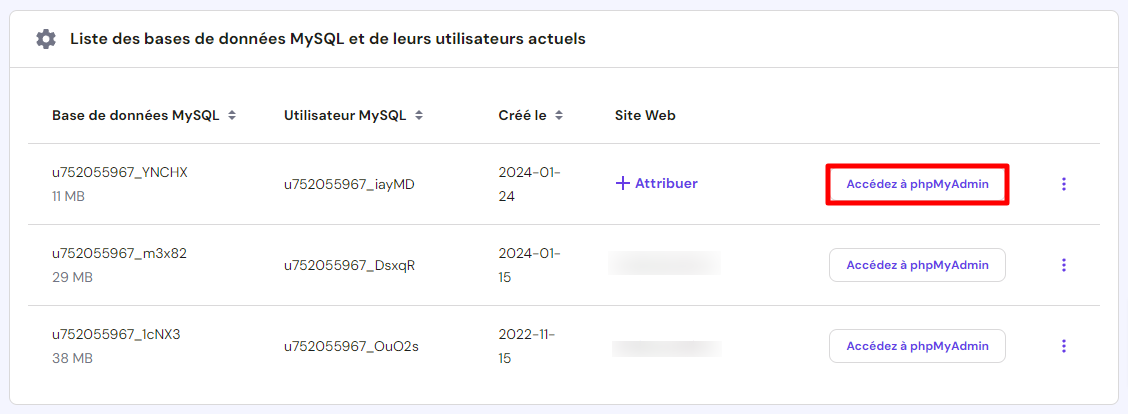 Bouton accédez à phpMyAdmin dans la base de données MySQL de hPanel 