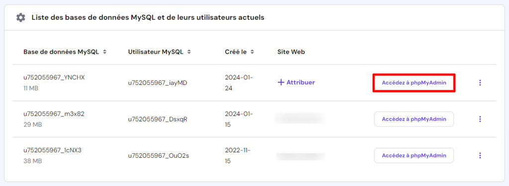 Bouton acc&eacute;dez &agrave; phpMyAdmin dans la base de donn&eacute;es MySQL de hPanel 
