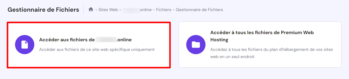 Gestionnaire de fichiers d'Hostinger, mettant en évidence l'option d'accès aux fichiers du site en direct
