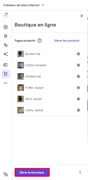 Accéder au gestionnaire de boutique du créateur de sites Web Hostinger