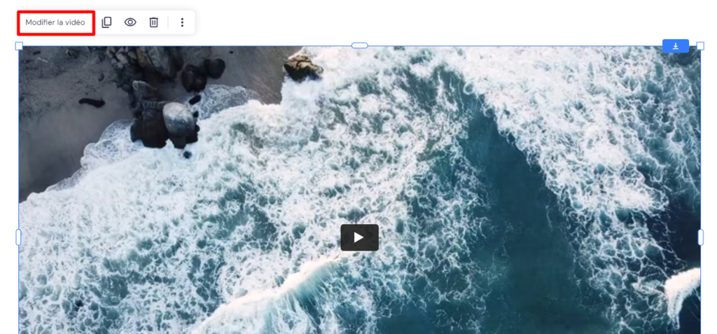 Élément vidéo avec le menu d'édition vidéo