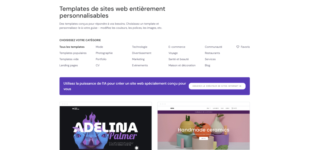Galerie de templates du cr&eacute;ateur de site web Hostinger