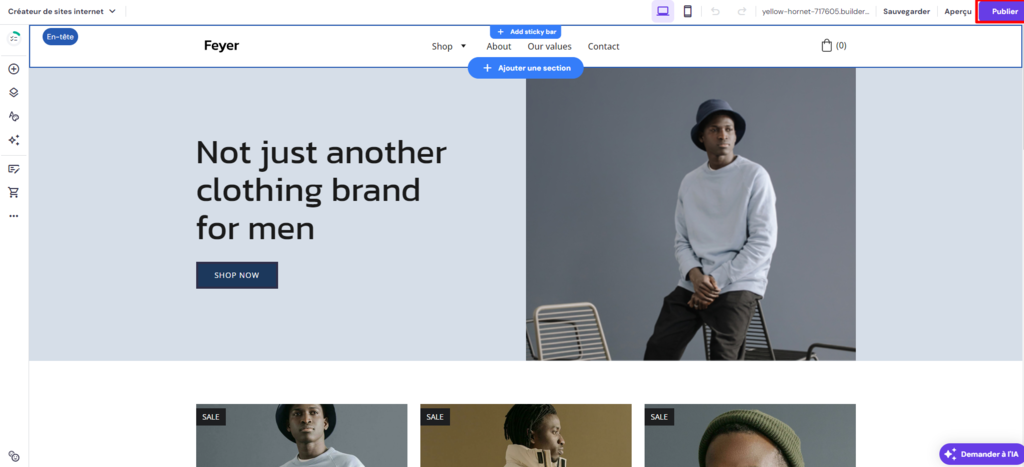 L'éditeur du Créateur de site Web Hostinger avec le bouton Publier mis en évidence		