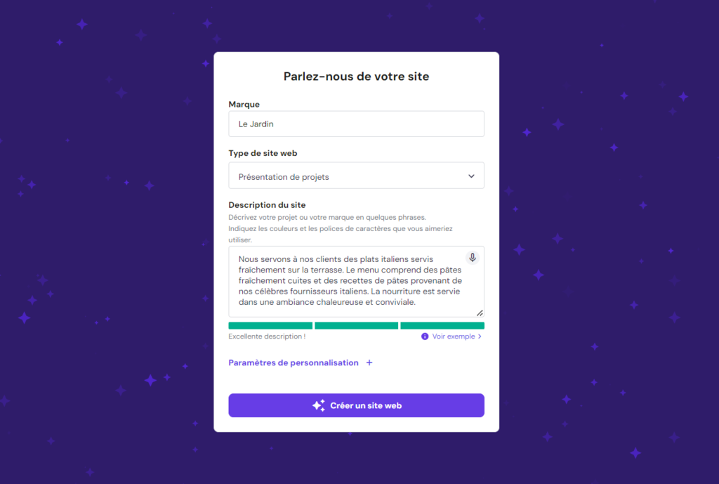 Le constructeur de sites Web Hostinger, demandant aux utilisateurs de d&eacute;crire leur marque et leur site Web.