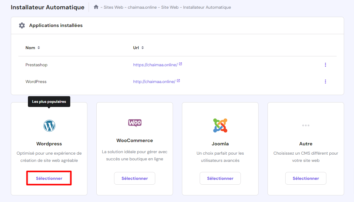 La section de l'auto-installateur, qui met en évidence les caractéristiques de l'auto-installateur 