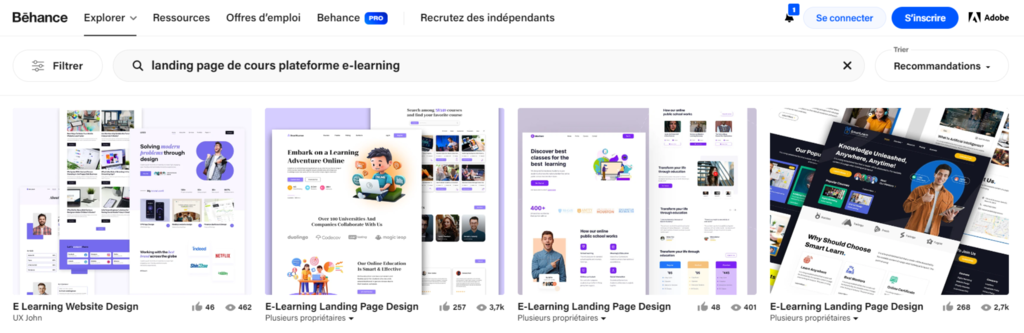 Page d'exploration du design web de Behance montrant les r&eacute;sultats de recherche de landing page du cours en ligne.