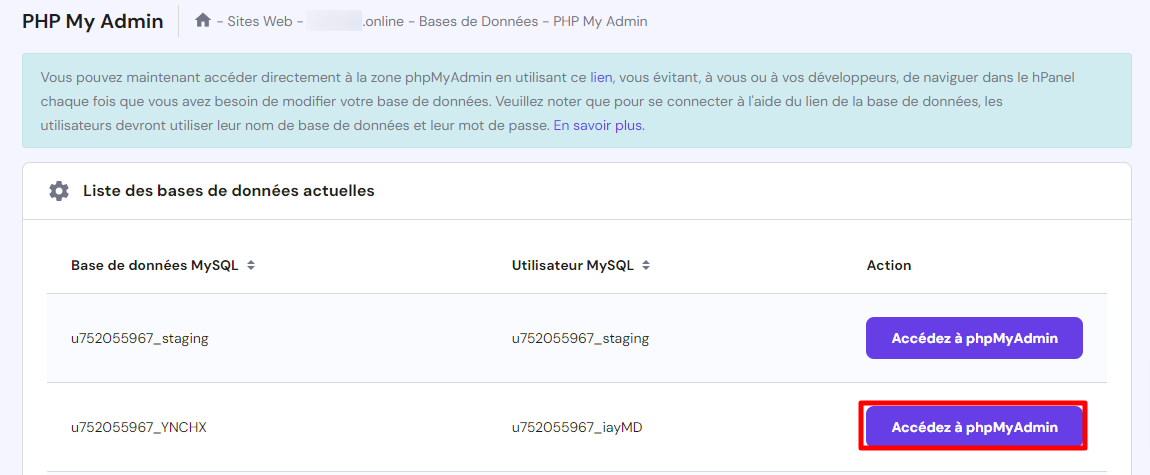 Liste des bases de données actuelles dans hPanel, avec l'option d'accéder à l'une d'entre elles via phpMyAdmin