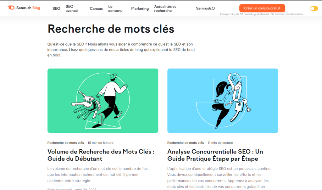 Section de recherche de mots-cl&eacute;s sur le blog Semrush