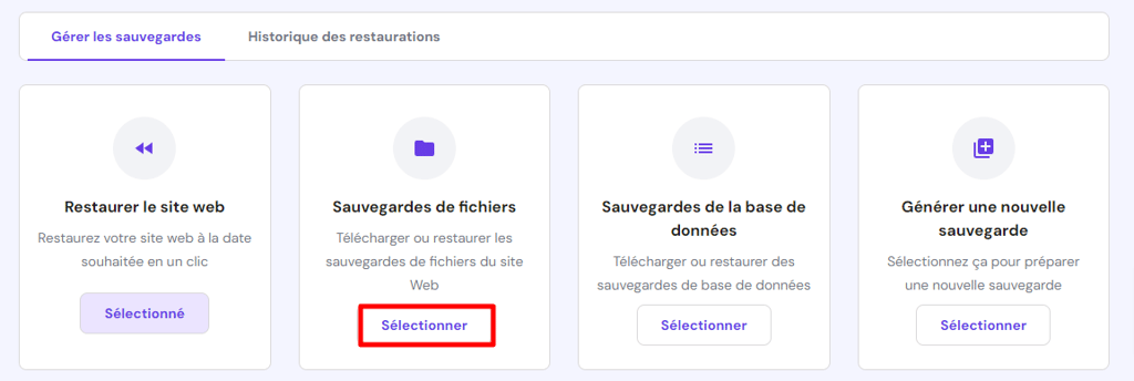 Sauvegardes des fichiers de hPanel en mettant en &eacute;vidence le bouton de s&eacute;lection