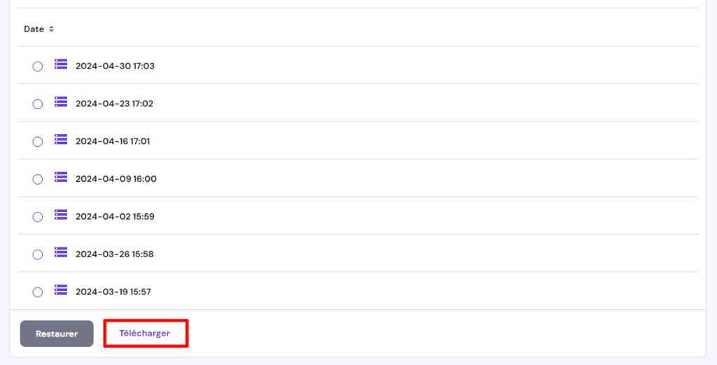 bouton de téléchargement des sauvegardes de la base de données du hPanel