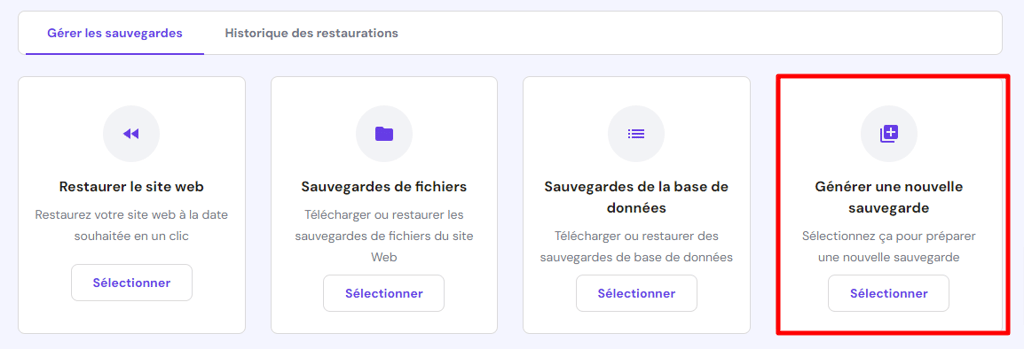 Option de g&eacute;n&eacute;ration d'une nouvelle sauvegarde dans hPanel
