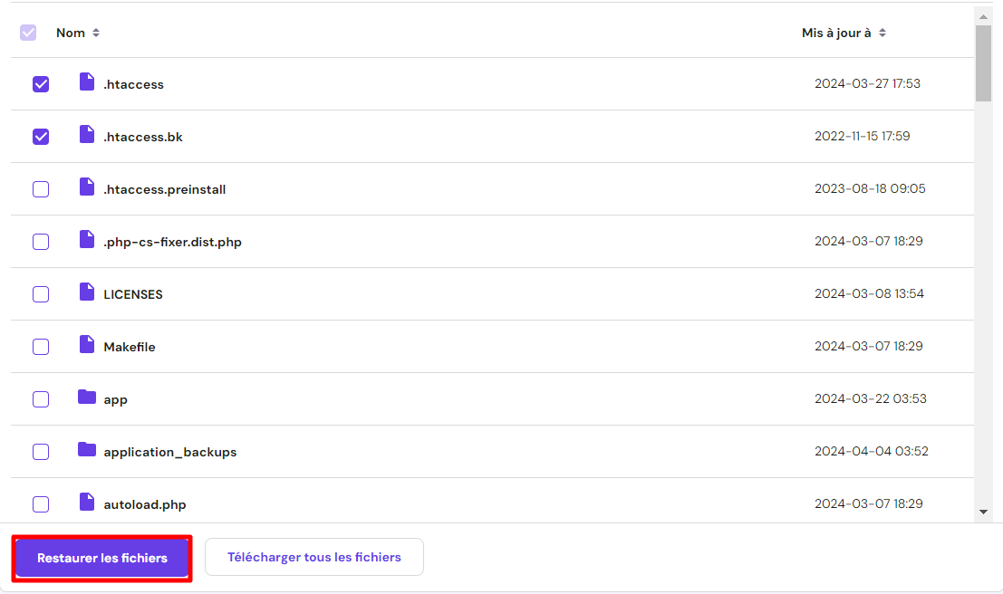 Bouton de restauration des sauvegardes de fichiers hPanel