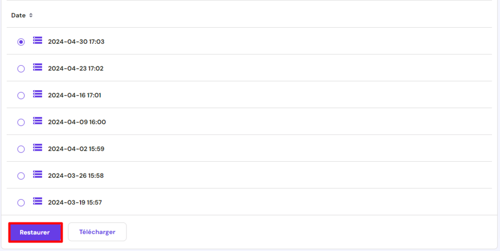 bouton de restauration des sauvegardes de la base de données de hPanel