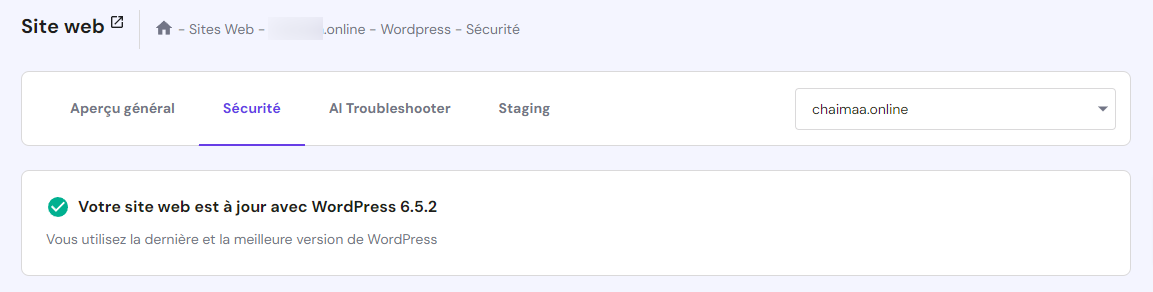 Section sécurité de WordPress dans hPanel, montrant la version actuelle du CMS