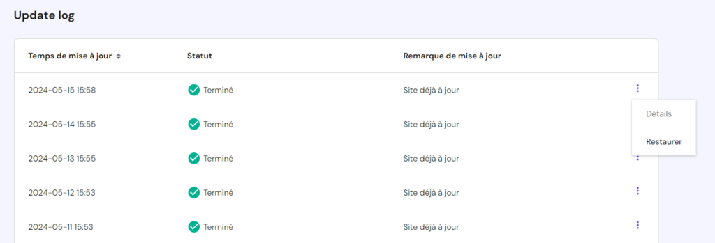 Journal des mises à jour dans le hPanel, montrant les options pour voir les détails de la mise à jour ou restaurer une ancienne mise à jour