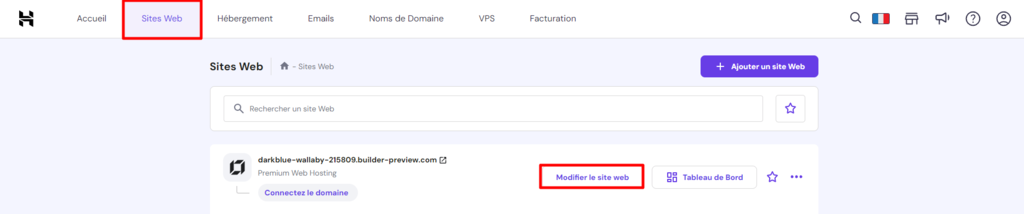 Menu Sites Web de hPanel avec bouton Modifier un site Web