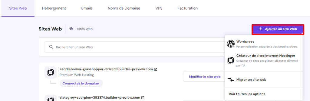 Menu Ajouter un site Web de hPanel