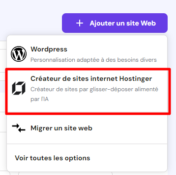 Menu d'ajout un site web dans hPanel