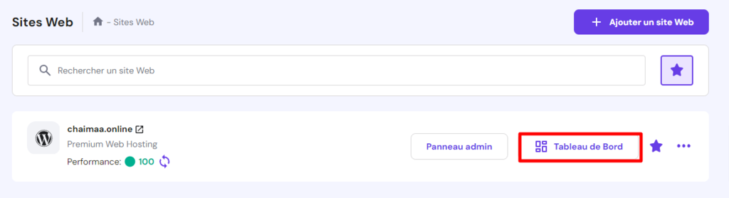 La page Sites web sur hPanel. Le bouton Tableau de bord est surligné