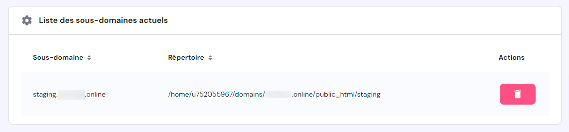 La liste des sous-domaines actuels dans hPanel, avec un bouton pour supprimer chacun d'entre eux