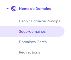 Section des sous-domaines dans Hostinger hPanel