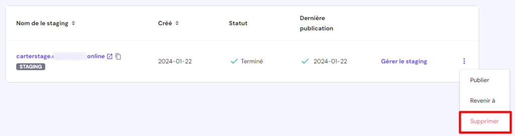 bouton pour supprimer un site de staging sur hpanel