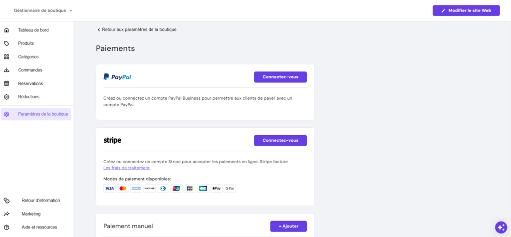Paramètres de paiement dans le gestionnaire de boutique