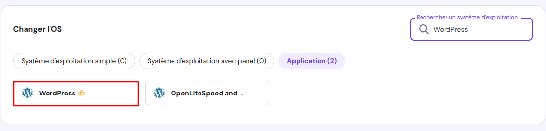 Menu de sélection du template du système d'exploitation du VPS dans hPanel