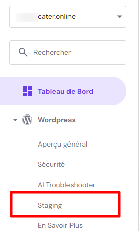 Barre latérale de hPanel, mettant en évidence l'outil de staging de WordPress