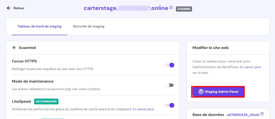 Tableau de bord de WordPress staging dans Hostinger, avec le bouton pour accéder à la zone d'administration