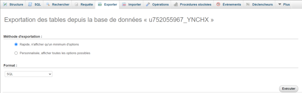 Onglet Exporter de phpMyAdmin