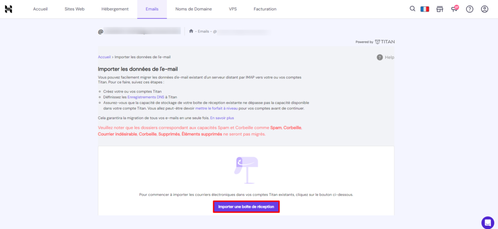 Fenêtre d'importation de la messagerie Titan