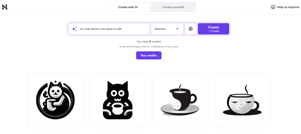 Utilisation du cr&eacute;ateur de logo Hostinger pour cr&eacute;er des logos d'un chat tenant une tasse &agrave; caf&eacute;