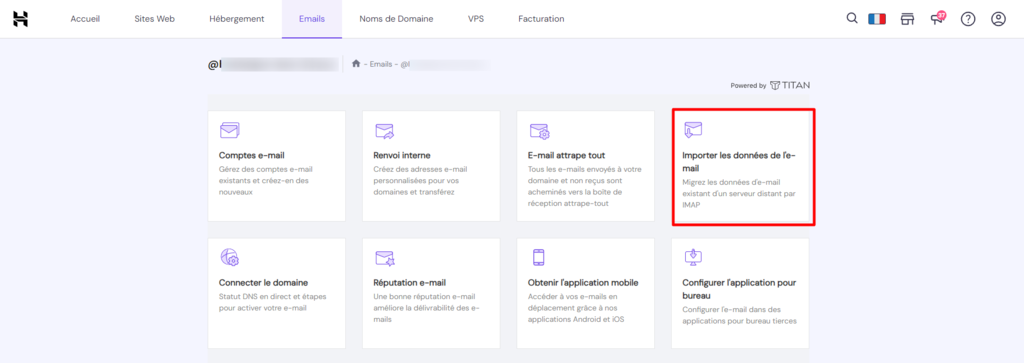 Option d'importation des données de l'e-mail dans le tableau de bord de messagerie Titan