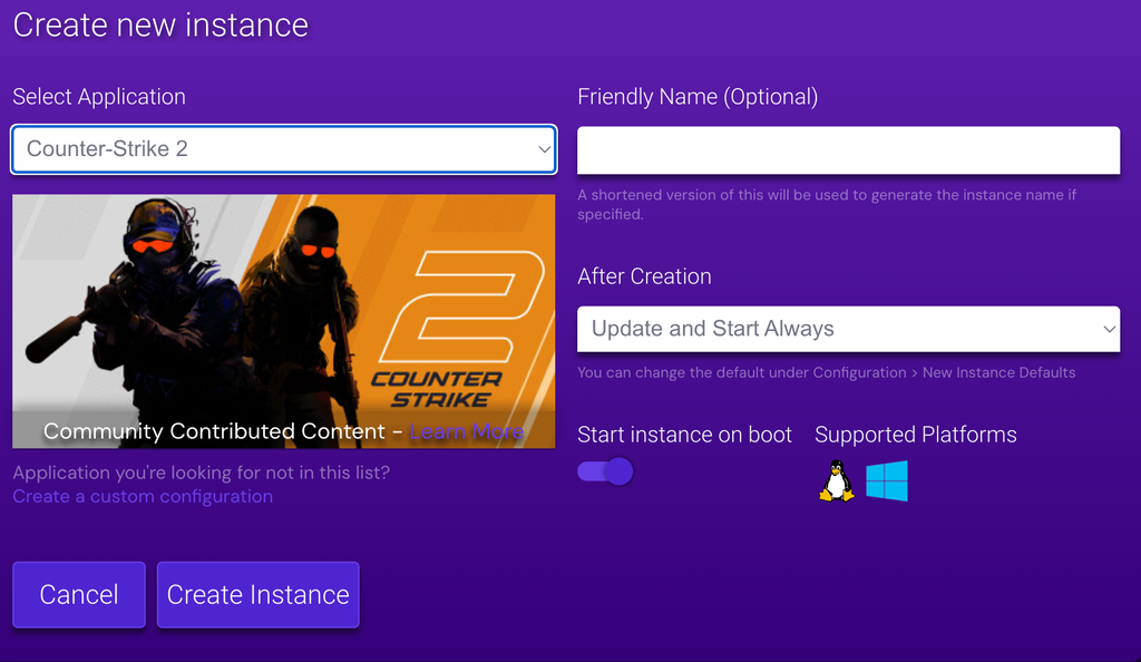 Créer une nouvelle instance de Counter-Strike 2 sur le Game Panel