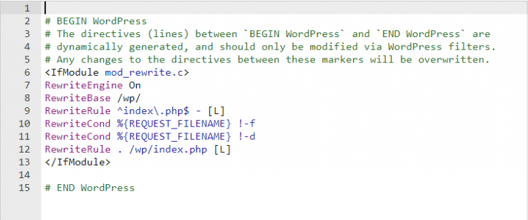 capture d'écran du fichier .htaccess de WordPress