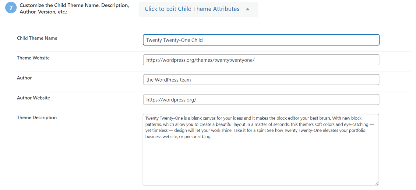 Personnalisation des informations du thème enfant dans le tableau de bord du Child Theme Configurator