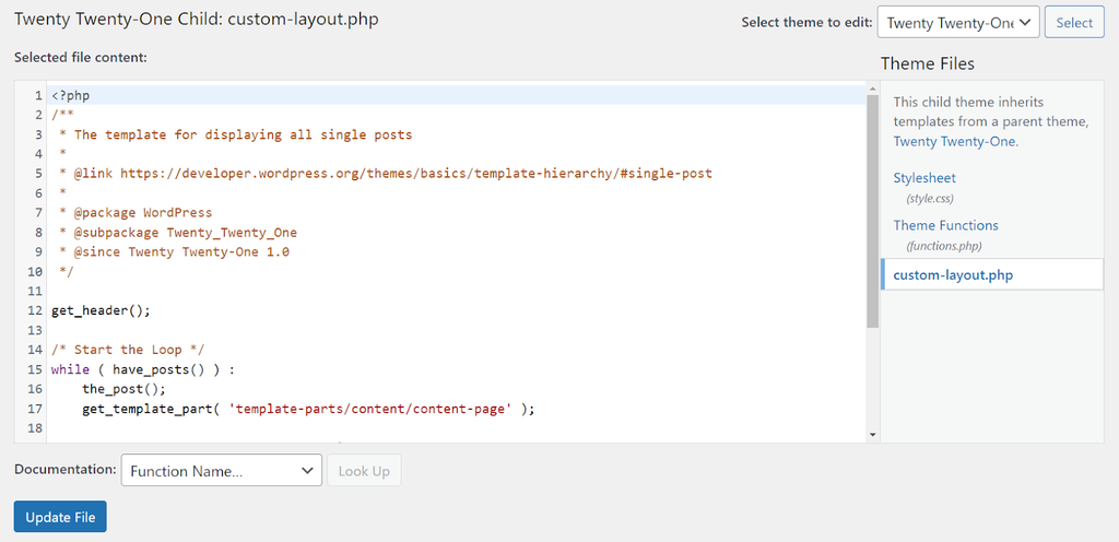 Édition-du-fichier-custom-layout.php-dans-l'éditeur-de-fichiers-de-thème-WordPress Édition du fichier custom-layout.php dans l'éditeur de fichiers de thème WordPress