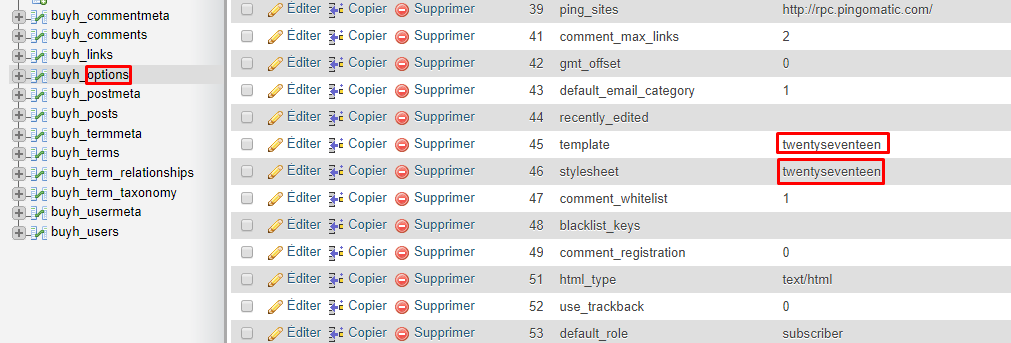 colonne option_value dans phpmyadmin