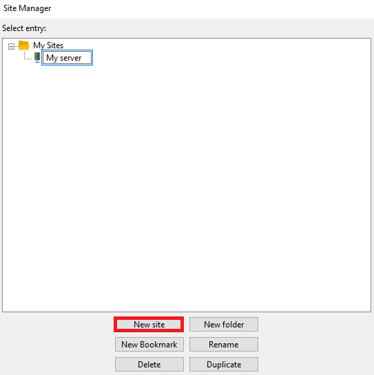 Création d'un nouveau serveur FTP dans le gestionnaire de site de FileZilla