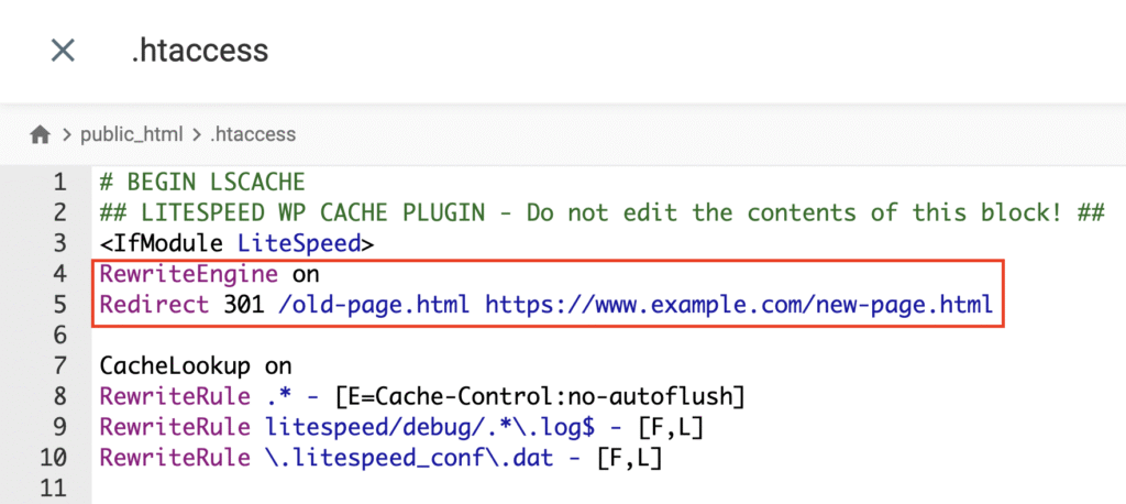 Le gestionnaire de fichiers de hPanel affiche le fichier .htaccess avec RewriteEngine activ&eacute; et les r&egrave;gles de redirection.