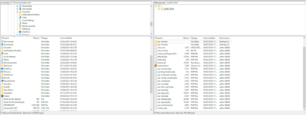 Panneau gauche et droit de FileZilla