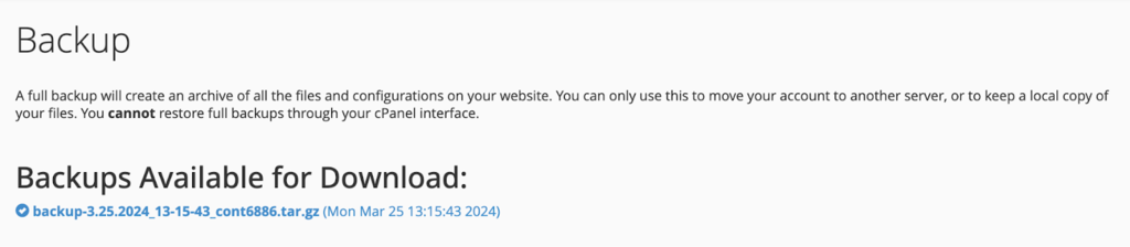 derni&egrave;res donn&eacute;es de sauvegarde dans la sauvegarde compl&egrave;te de cPanel 