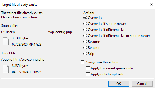 Fichier cible déjà existant : avertissement lors du téléchargement d'un fichier à l'aide de FileZilla
