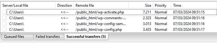 Panneau inférieur de FileZilla